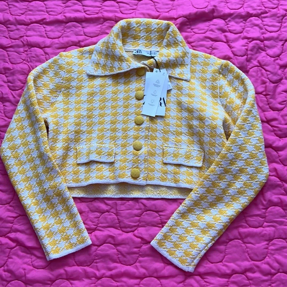 Zara Yellow Houndstooth Cropped Cardigan - Picture 3 of 16